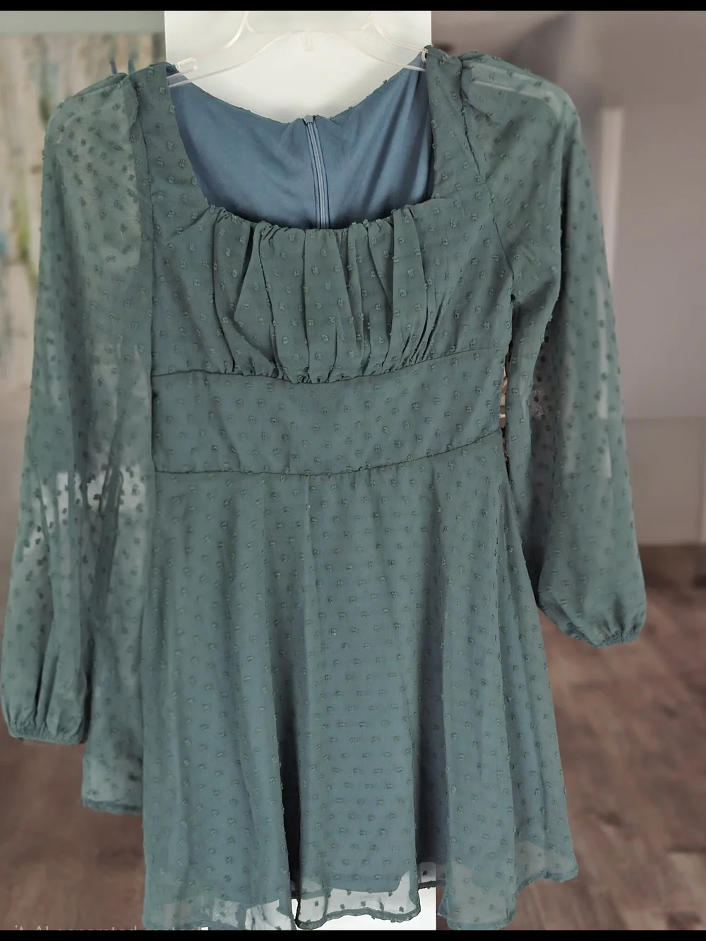 Women's Green Swiss Dot Long-Sleeve Mini Dress
